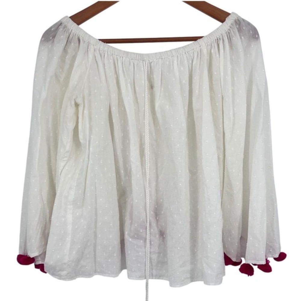 America Beyond Womens Off Shoulder Top Large White Swiss Dot Bell Sleeve Boho